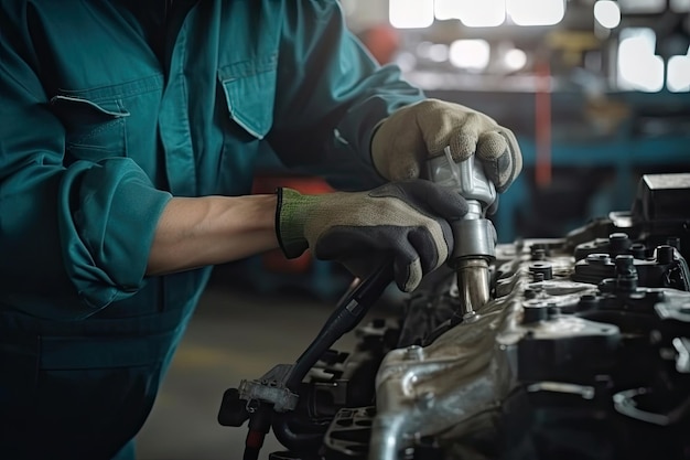 Meccanico di automobile che indossa guanti utilizzando la chiave mentre si lavora sulla macchina