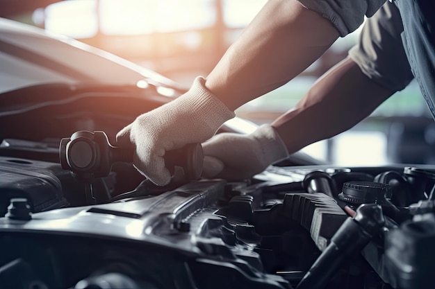 Car mechanic wearing gloves using wrench while working on car