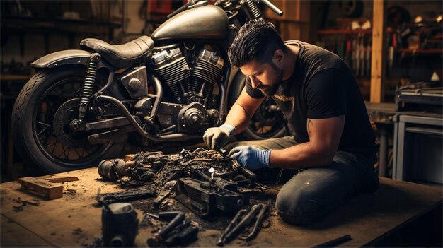 Car mechanic working on a car engine in auto repair shop garage