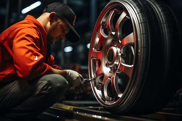 Car mechanic working on a car wheel in auto repair service station