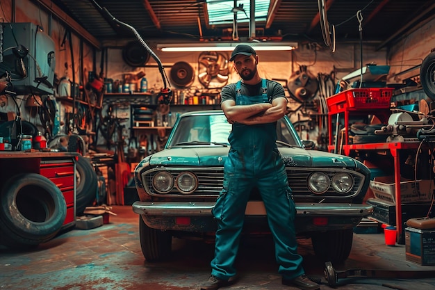 Photo car mechanic working in the garage