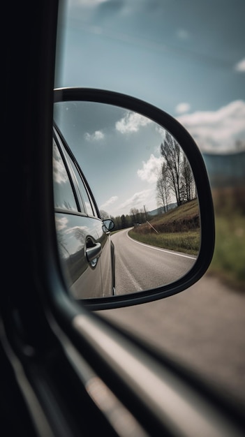 A car mirror with a blue door and the word road on it