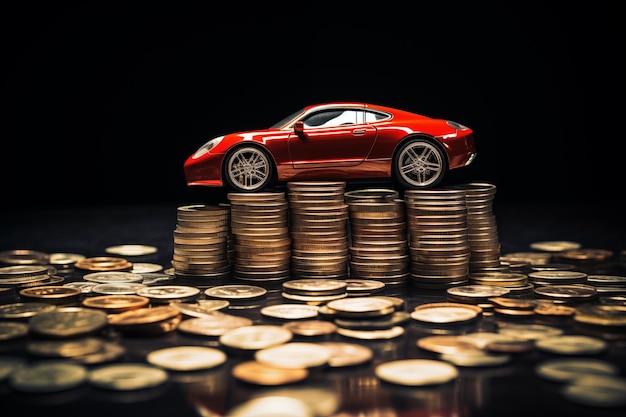 Foto modello di auto con pila di monete concept di auto da sogno