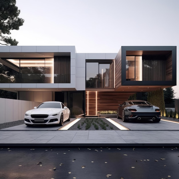 A car next to a modern country house