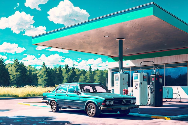 日当たりの良い夏の日に近代的なガソリン スタンドで車