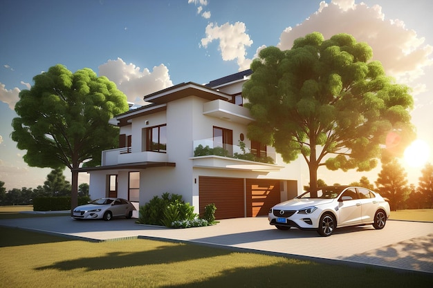 Car on modern house driveway ai generated