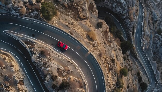 car moves along mountain serpentine road top view