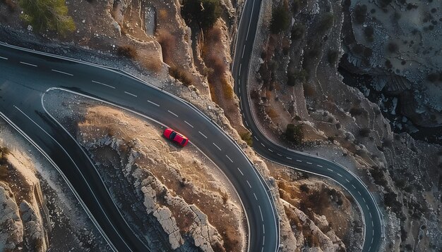 car moves along mountain serpentine road top view