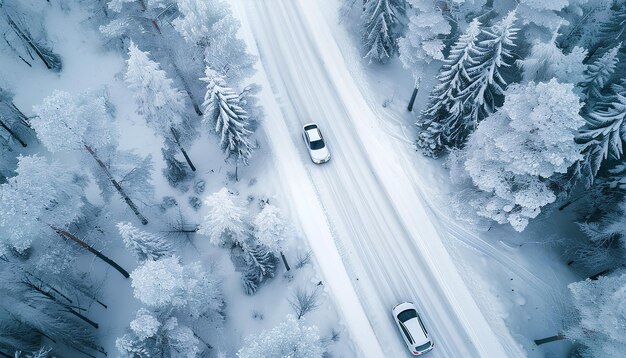 Foto l'auto si muove lungo una strada boschiva innevata