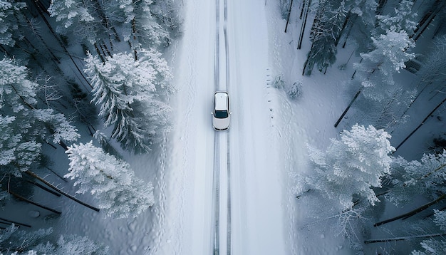 Foto l'auto si muove lungo una strada boschiva innevata