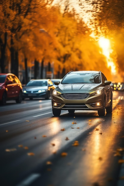 The car moves on a damp road in the city in the rays of the setting sun