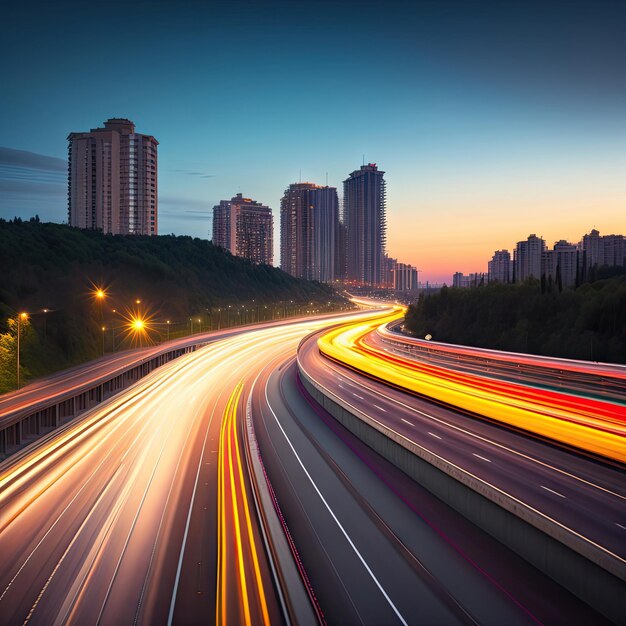 写真 高速道路で街に向かう道路を高速で移動する車のモーション ブラー