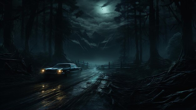 A car navigates a nocturnal path within the depths of the forest Its headlights pierce the obsidian