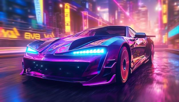 A car in a neon city with a neon sign that says'speed racer '