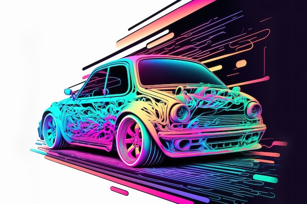 Car On Neon Highway. Powerful acceleration of a car on a night track with colorful lights and t