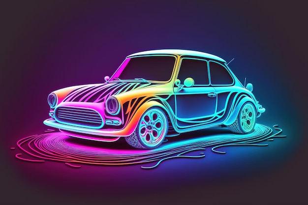 Car On Neon Highway. Powerful acceleration of a car on a night track with colorful lights and t