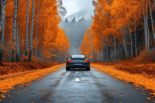 사진 황금 잎 을 가진 가을 숲 의 도로 에 있는 자동차
