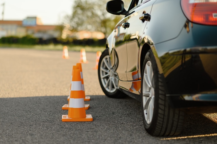 Photo car and orange traffic cones, lesson in driving school concept.