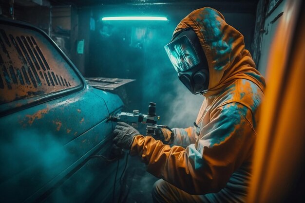 Photo car painter in action spraying paint in painting chamber ai