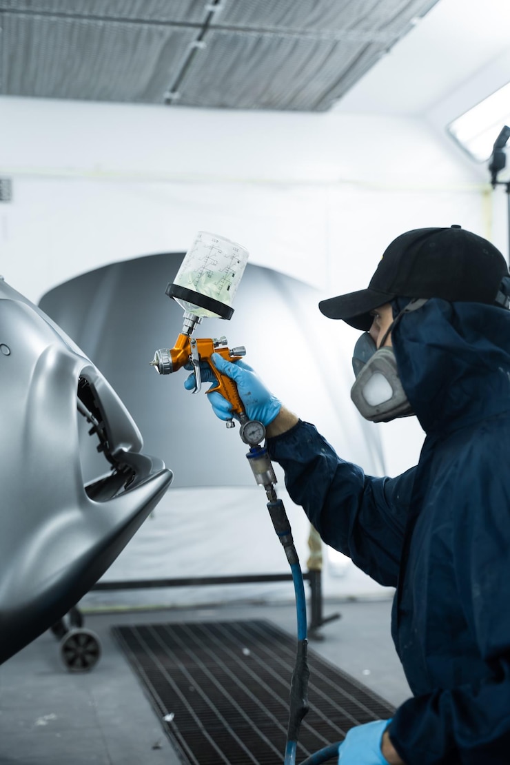 Photo car painter is applying lacquer on car using lvlp spray gun putting lacquer on metal to give surface smooth appearance