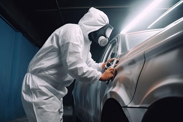 Car painter in protective clothes paints automobile with paint in chamber workshop Generative AI