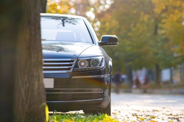 car parked on a city street side on autumn day with blurred people walking in pedestrian zone.