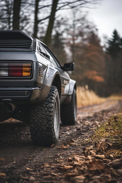 a car parked on a dirt road in the woods