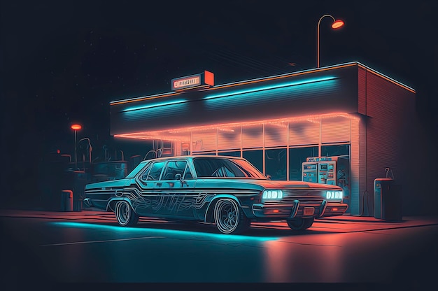 Car parked in front of a building at night cinematic lighting retrowave