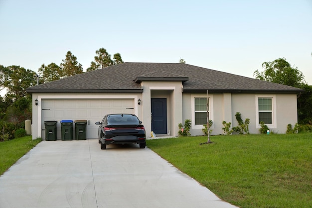 Car parked in front of wide garage double door on concrete\
driveway of new modern american house