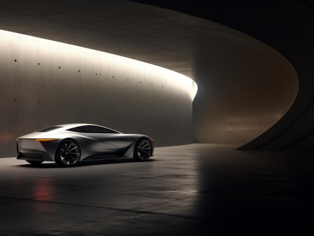 A car parked in a huge futuristic tunnel inside a concrete building