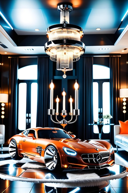 A Car Parked in a Living Room Under a Chandelier