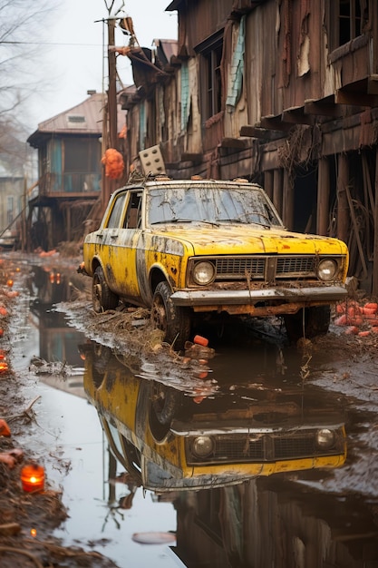 a car parked in a puddle of water