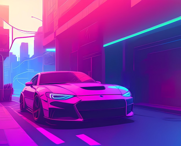 A car parked on the side of a road in a city at night time with neon lights on the buildings Ai