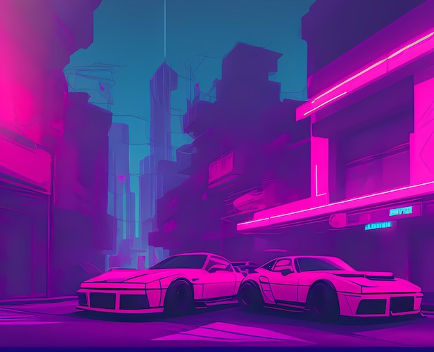 A car parked on the side of a road in a city at night time with neon lights on the buildings Ai