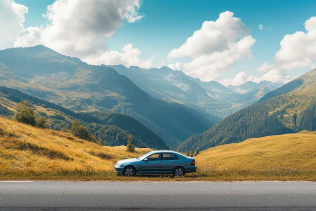 Car parked on side of the road in high mountains panorama