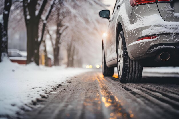 겨울 에 눈 인 도로 에 주차 된 차 는 바닥 에 눈 이 있고 배경 에 나무 가 있다