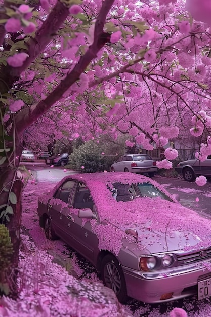 a car parked under a tree with pink flowers generative ai