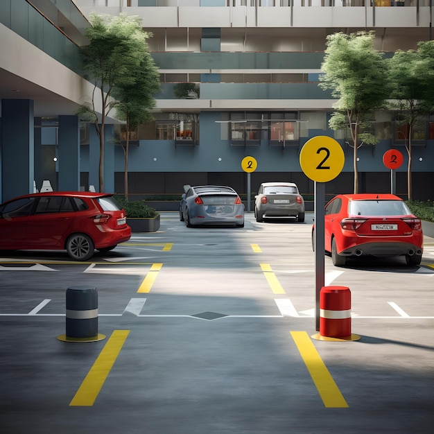 Фото Парковочное место для парковки автомобилей с дорожными знаками на проспекте торгового центра generative ai