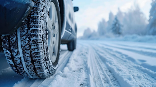 car part with tires in focus set against a snowy winter landscape