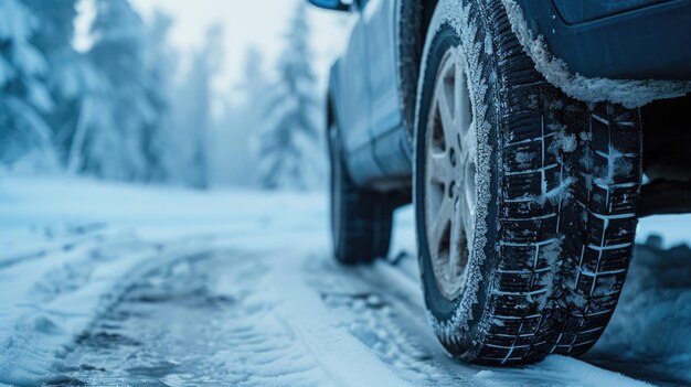 car part with tires in focus set against a snowy winter landscape