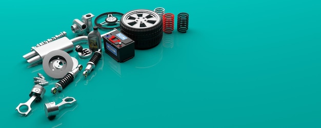 Photo car parts on green background 3d illustration