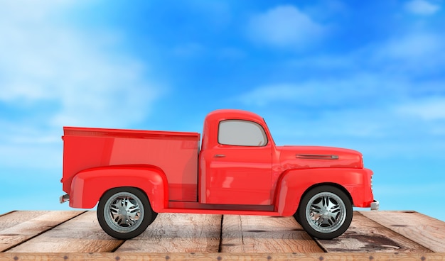 Car pick up on wooden background 3d render