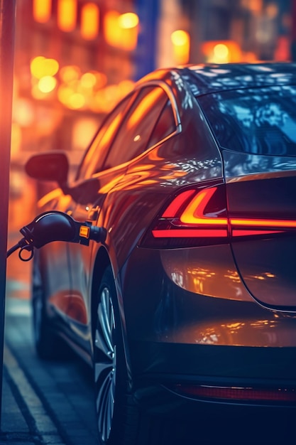 A car plugged into a charging station with a lit up orange background.