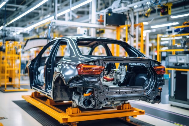 Photo car production line assembling a car on a conveyor belt closeup of a car body automotive industry interior of a hightech factory modern production