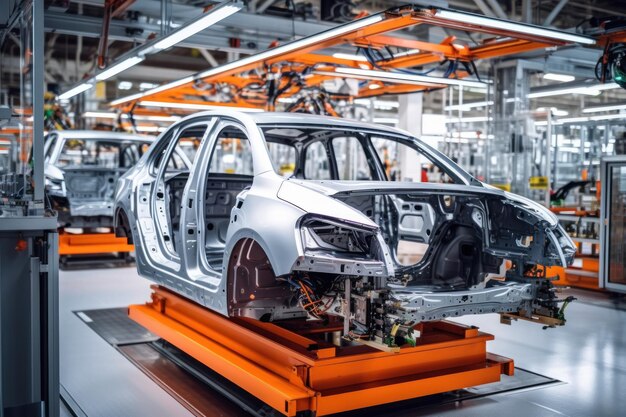 Photo car production line assembling a car on a conveyor belt closeup of a car body automotive industry interior of a hightech factory modern production