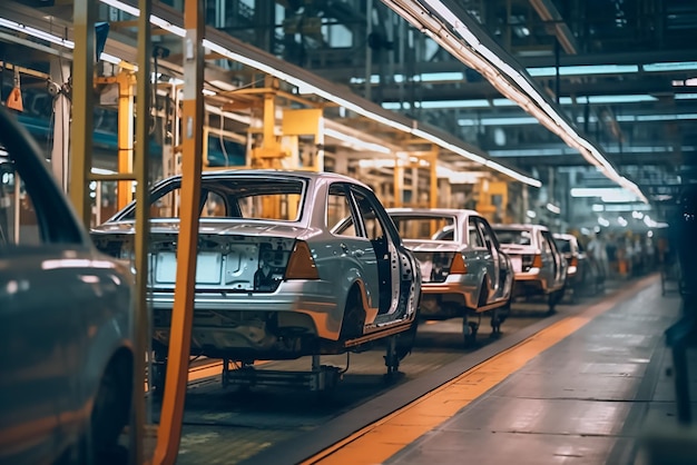 Foto un'auto su una linea di produzione con una bmw bianca sul lato