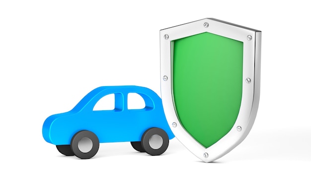 Car protection. Green shield and car. Car insurance. Isolated on white background. 3d render