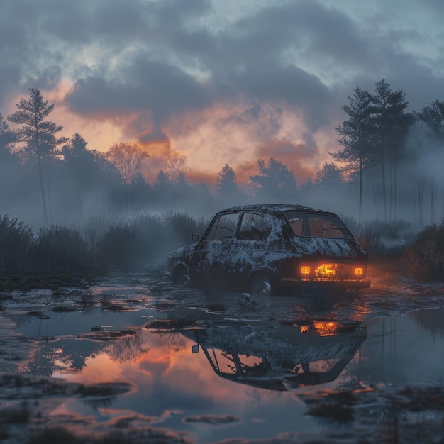 Photo a car in a puddle with a fire on the headlight