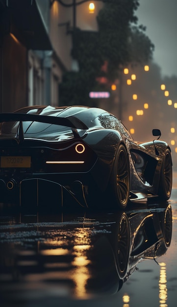 A car in the rain, the lights are on.