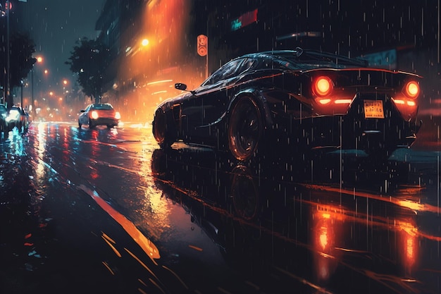 A car in the rain at night